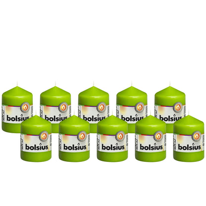 BOLSIUS 10 Lime Green Pillar Candles - 2.25 x 3.25 Inches - Premium European Quality - Individually Wrapped - 17 Burn Hours - Dripless Smokeless Unscented Dinner, Wedding, Party, & Home Decor Candles