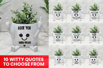 Funny Face Head Planter Pot, Unique Small Succulent Flower Pot, Cute Cactus Planter, Indoor Outdoor Home Decor, Office Desk Plant Pot, Novelty Gardening Gift Set (Please Don't Die, Medium)