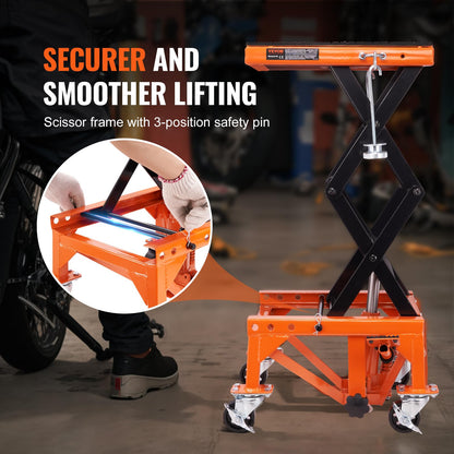 VEVOR Hydraulic Motorcycle Lift Table, 350 lbs Capacity Motorcycle Scissor Jack Lift with Wide Deck, J-Hooks, 4 Wheels, Hydraulic Foot-Operated Jack Stand for ATV Dirt Bikes