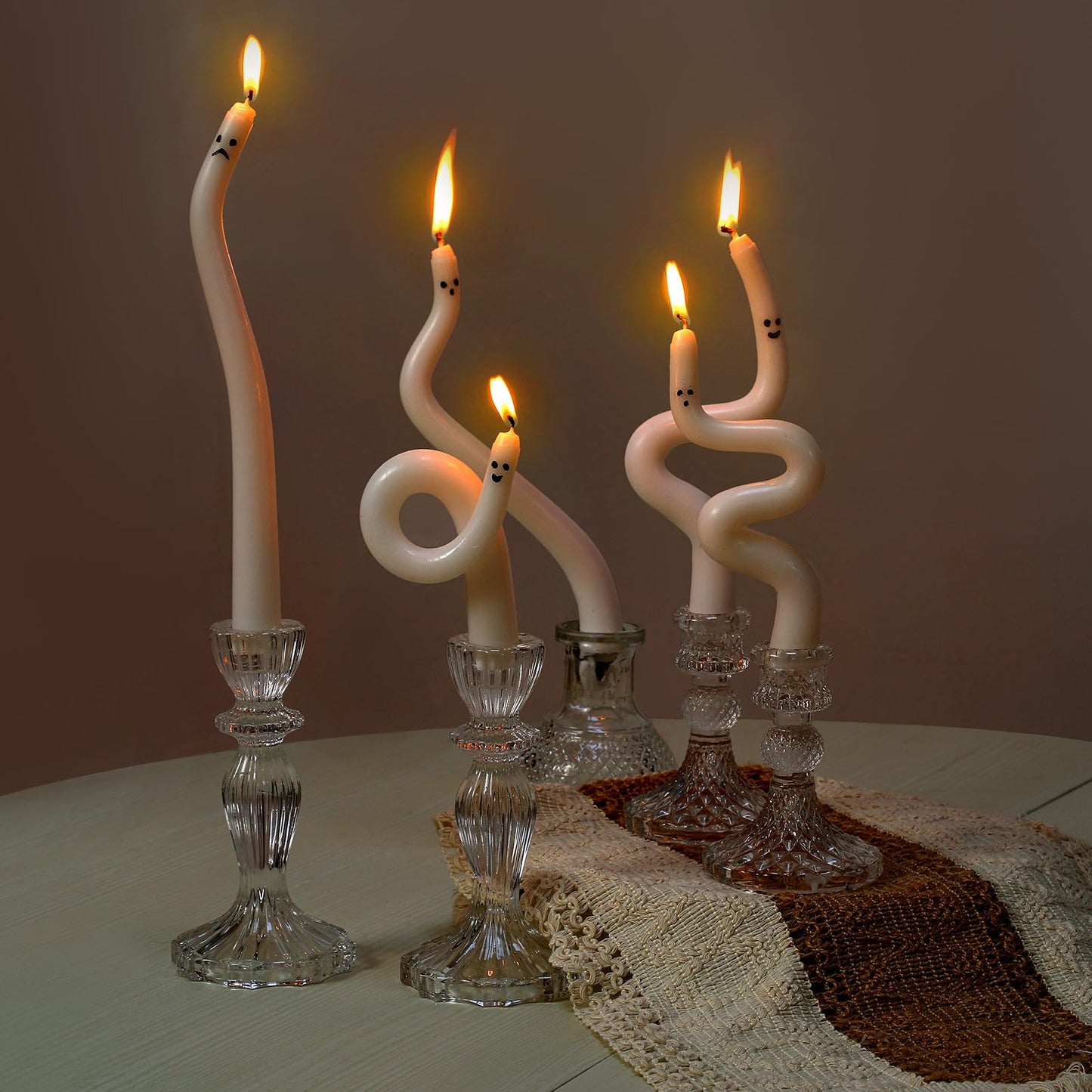 Nuanchu 5 Pack White Ghost Taper Candles Halloween Spiral Unscented Twisted Candlestick Halloween Decor Candle for Home Ghost Spooky Party Dinner Table Birthday Decorations