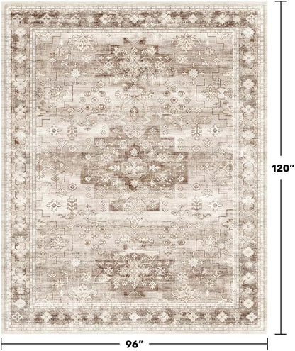 Skiennix Washable Area Rug - Large 8x10 Boho Vintage Floral Design | Non-Slip & Stain Resistant (Beige/Latte)