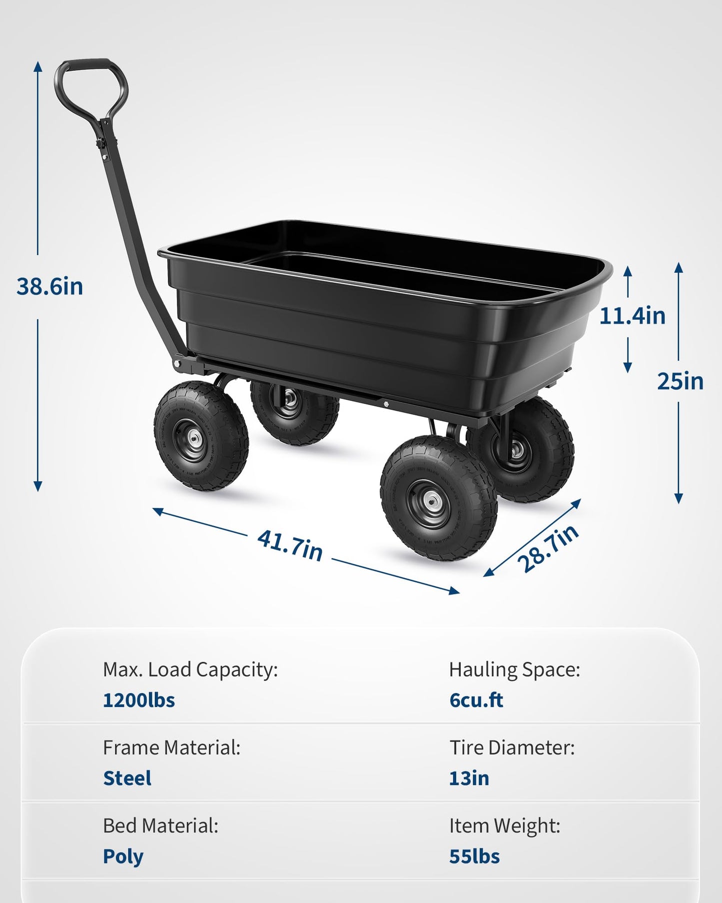 1200LB Capacity Heavy Duty Garden Utility Wagon, All-Terrain Dump Cart with 180° Adjustable Handle & Quick Release for Soil, Plants, Tools, Black