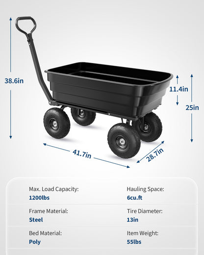 1200LB Capacity Heavy Duty Garden Utility Wagon, All-Terrain Dump Cart with 180° Adjustable Handle & Quick Release for Soil, Plants, Tools, Black