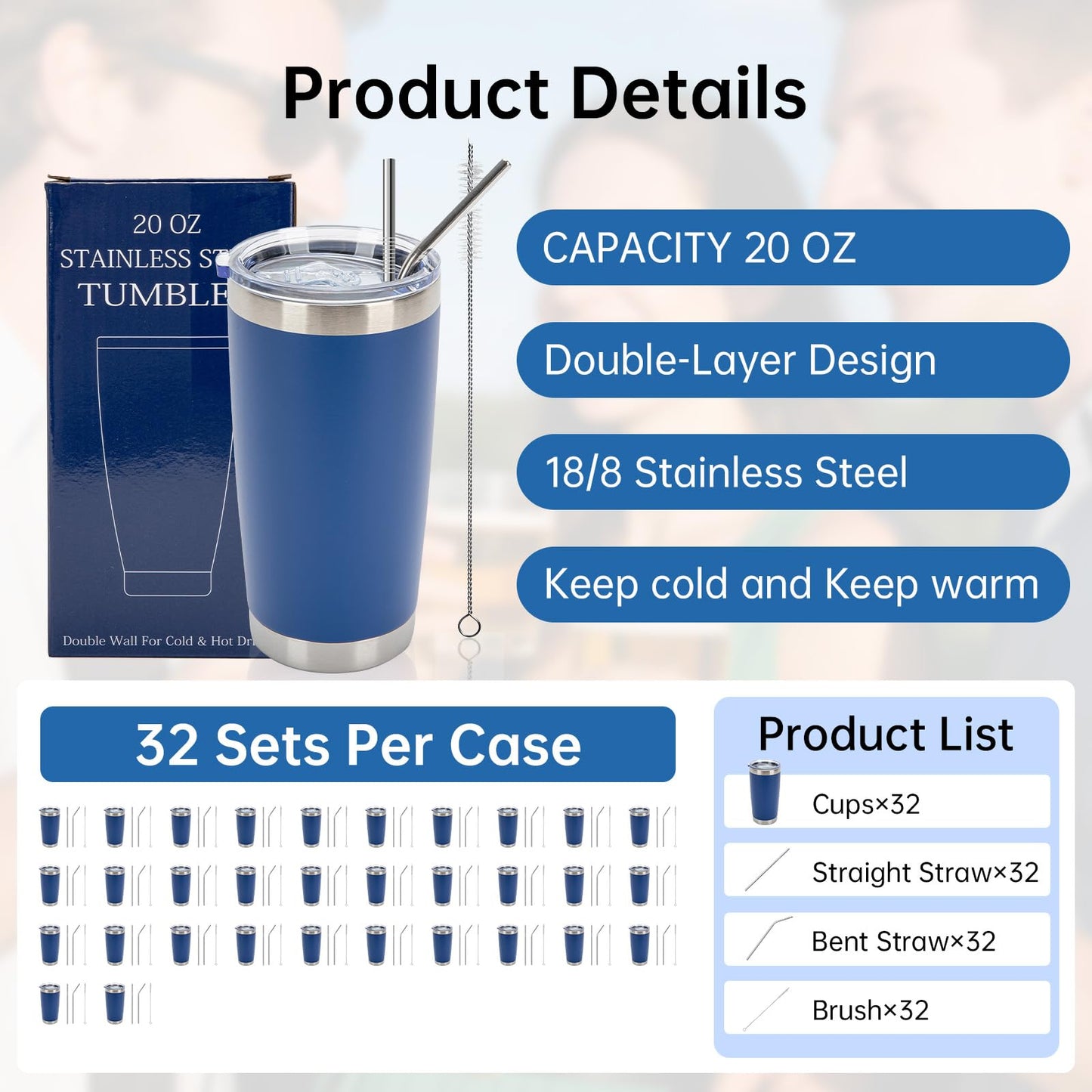 IEOVIEE 32 Pack, 20oz Stainless Steel Bulk Tumblers with Lids and Straws, Double Wall Insulated Travel Coffee Mug, Durable Powder Coated Tumbler Bulk Cup for Cold and Hot Drinks(Dark Blue)