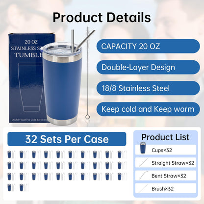 IEOVIEE 32 Pack, 20oz Stainless Steel Bulk Tumblers with Lids and Straws, Double Wall Insulated Travel Coffee Mug, Durable Powder Coated Tumbler Bulk Cup for Cold and Hot Drinks(Dark Blue)