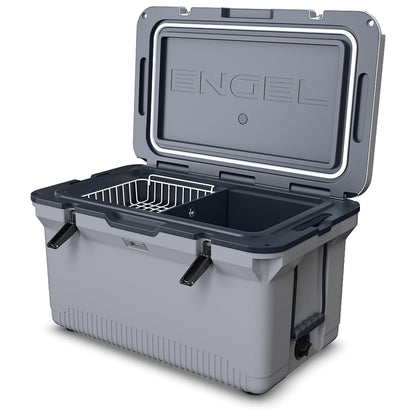 ENGEL 60 QT Ultra-Light Injection Molded Cooler - Ice Chest Keeps Ice up to 7 Days - Large Cooler Includes Wire Basket, Divider and Built-in Bottle Opener - Gray with Dark Grey Interior (Haze Grey)