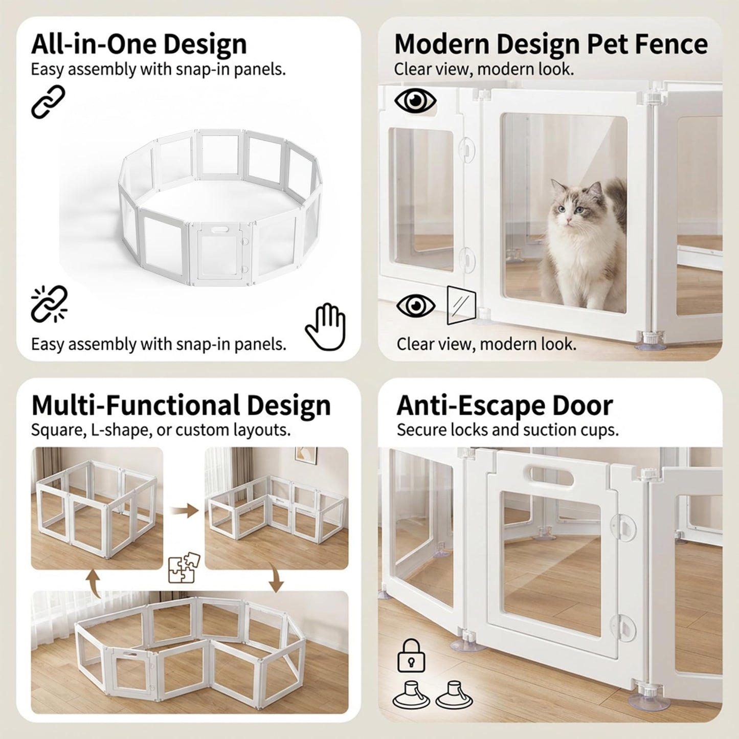 Jatindear 12Pcs Free Angle Plastic Dog Playpen, All-in-One Assemble Playpen Divider, Durable Safety Play Pen Indoors, Puppy, Cat, Small Animal (White, 78.74" × 39.37" × 23.6")