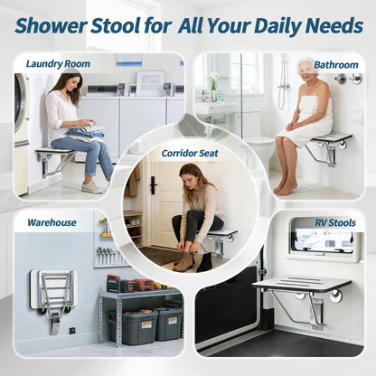 18" Foldable Wall Mounted Fold Down Shower Seat, ADA Compliant Folding Shower Bench with Phenolic Resin Surface No Peeling No Cracking, Triangular Stainless Steel Frame, 420lbs Capacit
