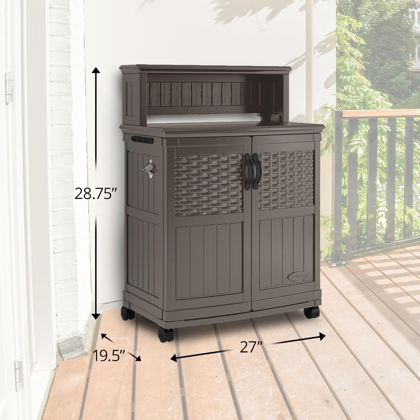 Suncast Patio Plastic Storage and Prep Station with Decorative Wicker Pattern and Multi Wall Panels for Patio, Garden, and Lawn Use, Stoney Gray