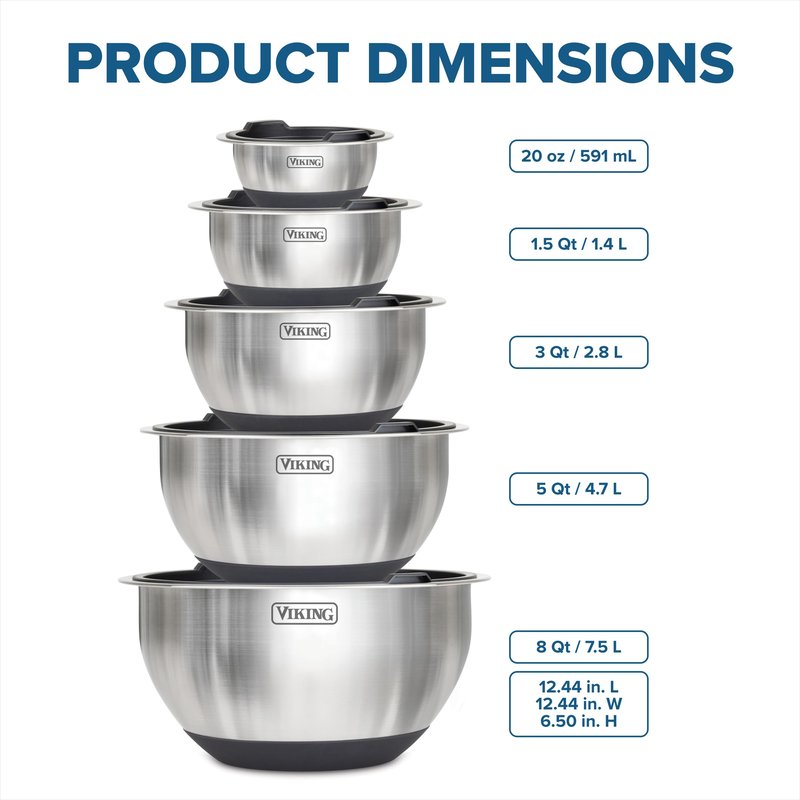 Viking Mixing Bowls Set, 10 Piece Stainless Steel Kitchen Cookware, Non-Slip Silicone Base, Includes Tight Fit Lids, Dishwasher Safe, Black