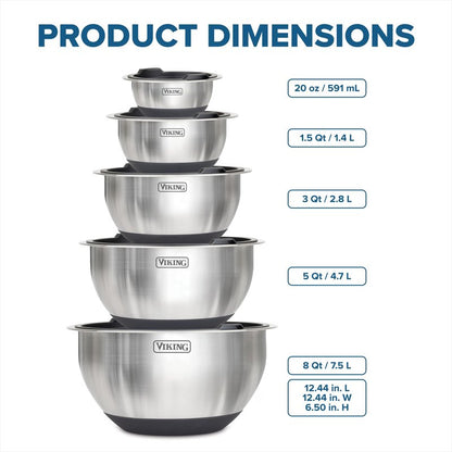Viking Mixing Bowls Set, 10 Piece Stainless Steel Kitchen Cookware, Non-Slip Silicone Base, Includes Tight Fit Lids, Dishwasher Safe, Black