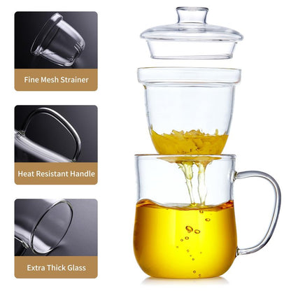 DOPUDO Glass Tea Cup with Infuser and Lid, 12oz/350ml Large Borosilicate Teacup, Clear Mug for Loose Leaf Tea, Birthday Gift for Tea Lover