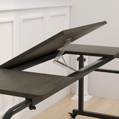 TigerDad Tilt Overbed Table with Wheels, Height Adjustable Rolling Desk for King Queen Bed, Tilting Laptop Cart Mobile Computer Workstation, Dekuwood