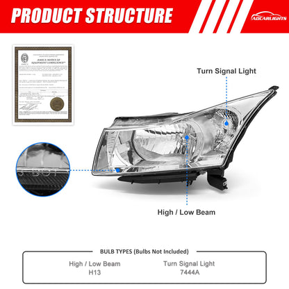 ADCARLIGHTS Headlight Assembly for 2011 2012 2013 2014 2015 Chevy Cruze LS/LT/LTZ 2016 Chevrolet Cruze Limited Chrome Housing with Clear Reflector Headlamp Replacement Pair（W/O Bulbs）