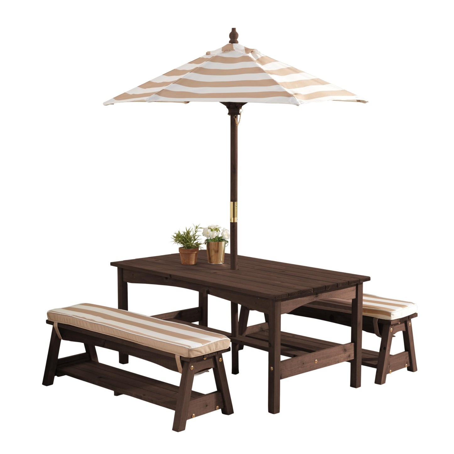 KidKraft Outdoor Wooden Table & Bench Set with Cushions and Umbrella, Kids Backyard Furniture, Espresso with Oatmeal and White Stripe Fabric