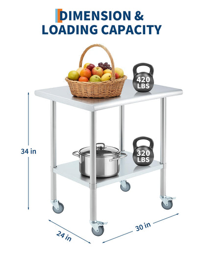 Garvee Stainless Steel Prep Table 24x30 Inch, Commercial Kitchen Worktable with 4 Caster Wheels and Adjustable Undershelf, Heavy Duty Metal Food Prep Table for Restaurant Garage Outdoor Works
