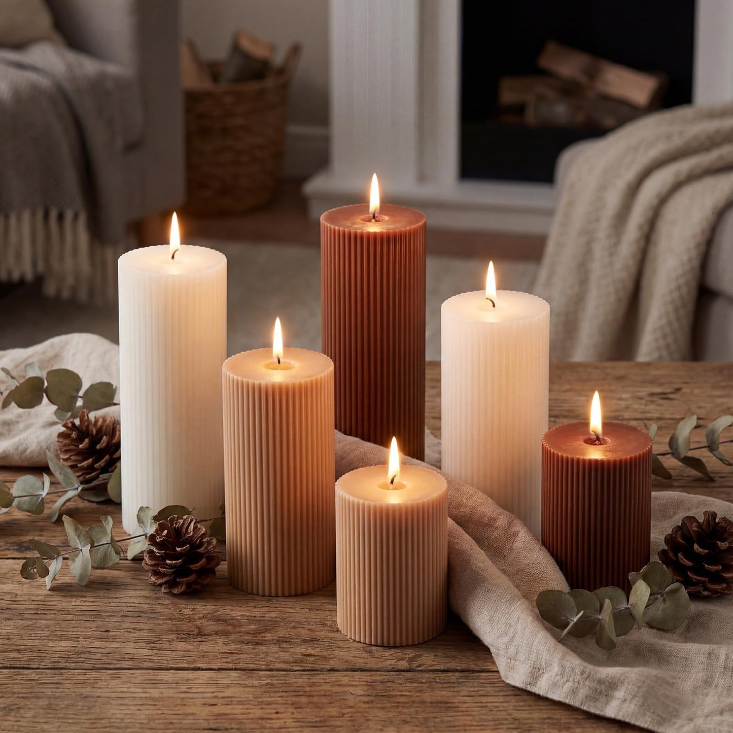 Lyrow 6 Pcs Ribbed Pillar Home Decorative Candles Aesthetic Modern Home Decor Soy Wax Unscented Pillar Candles Width 3" High 4" 6" 8" for Bathroom Living Room Wedding Dinner Party(Brown)