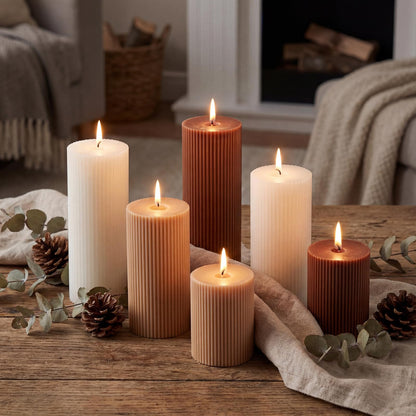 Lyrow 6 Pcs Ribbed Pillar Home Decorative Candles Aesthetic Modern Home Decor Soy Wax Unscented Pillar Candles Width 3" High 4" 6" 8" for Bathroom Living Room Wedding Dinner Party(Brown)