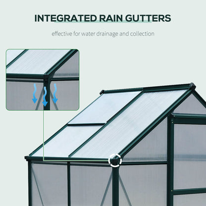 Outsunny 6' x 4' Greenhouse for Outdoors, Polycarbonate Greenhouse with Rain Gutter and Roof Vent, Aluminum Walk-in Green Houses with Push Door for Outside for Patio Backyard Garden, Dark Green