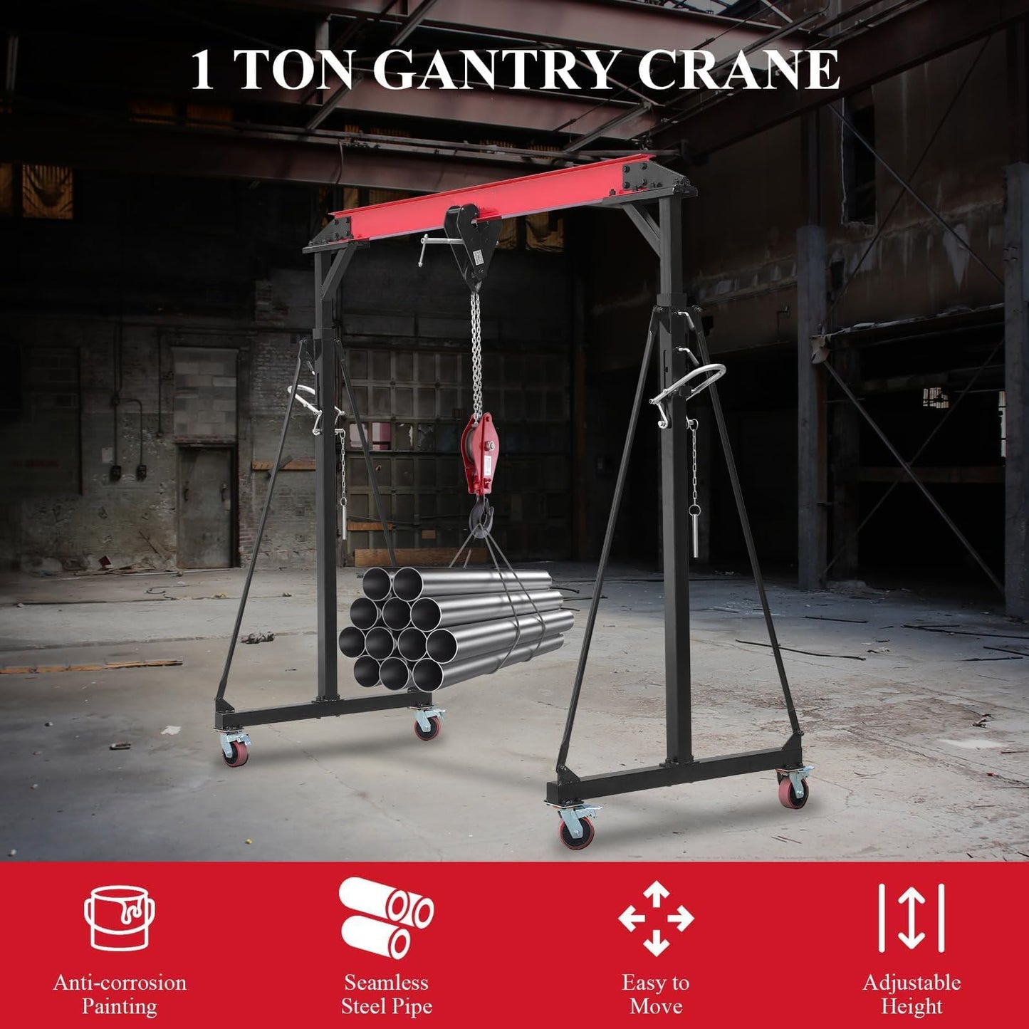 Gantry Crane, 2200 LBS Adjustable Gantry Crane, 1 Ton Shop Cranes Lift Hoist with 8-12 ft Adjustable Height for Warehouse & Factory