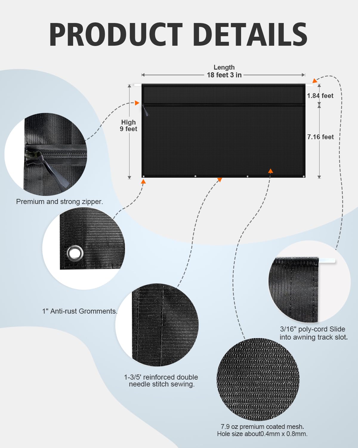 Dulepax RV Awning Sun Shade Screen with Zipper 9'X18'3'' -Second Generation RV Awning Shade Screen Significantly Improves Shadew and Privacy.Universal, Capmer Awning Shade with Complete Kits