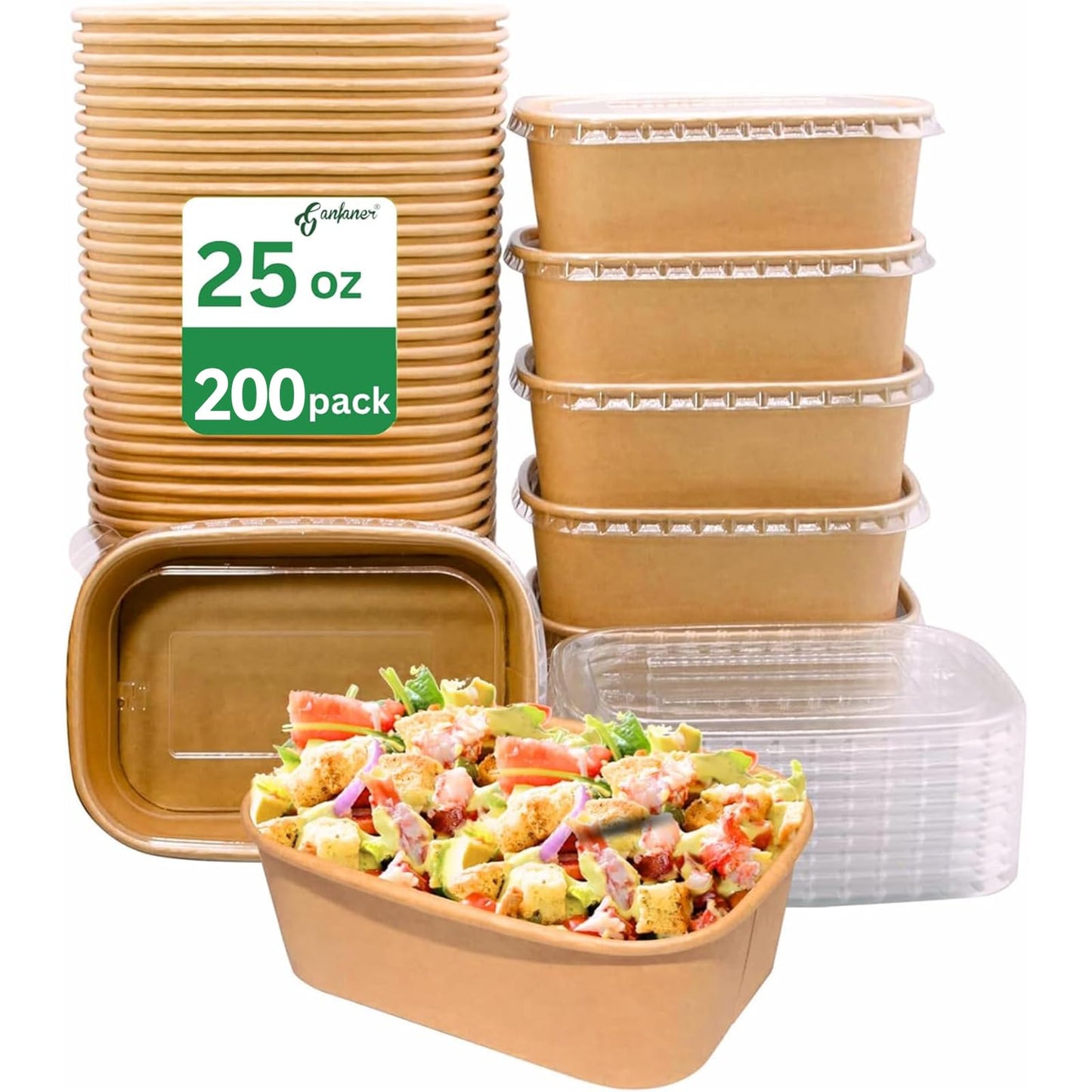 ganfaner 25 oz Disposable Bowls with Lids, 200 Sets Kraft Paper Bowls Square, Disposable Meal Prep Food Container with Sealing Lid, Microwave Safe Leakproof is Perfect for Party Lunch Hot Soup