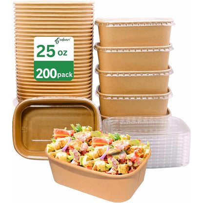 ganfaner 25 oz Disposable Bowls with Lids, 200 Sets Kraft Paper Bowls Square, Disposable Meal Prep Food Container with Sealing Lid, Microwave Safe Leakproof is Perfect for Party Lunch Hot Soup
