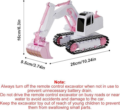Pink RC Excavator 6 Channel 2.4Ghz RC Construction Vehicle1:24 Scale Pink Excavator Toy with 360° Rotation Light Sound and DIY Stickers Birthday Gift for Teens Adults (1 Battery)