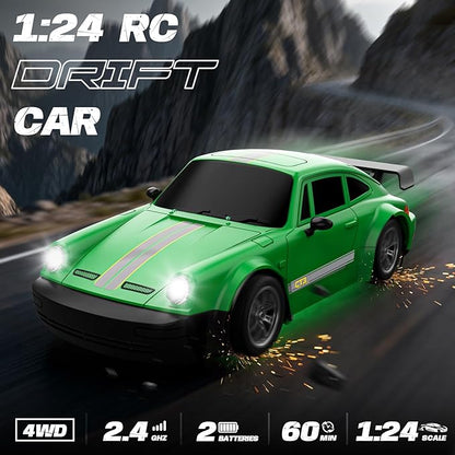 RC Drift Car 1:24 Scale Remote Control Car with LED Lights 20KM/H 4WD High Speed RC Cars Racing and Drifting Dual-Mode Toy Car Idea Gift for Adults and Kids Green