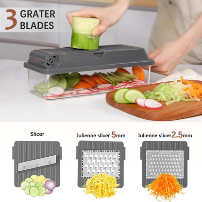 LHS Professional Vegetable Chopper - 11-in-1 Multifunctional Food Slicer with Storage Containers | Grey
