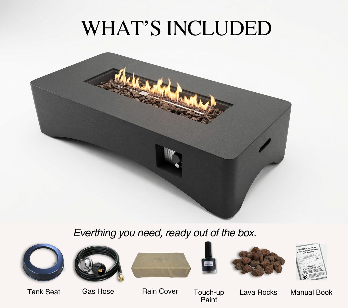 KEIKI 56" Rectangular Propane Gas Fire Pit Table, 50,000 BTU Modern Outdoor Concrete Fire Table with Lava Rocks, Waterproof Cover, Tank Seat, No Assembly for Patio Backyard Deck, Dark Grey