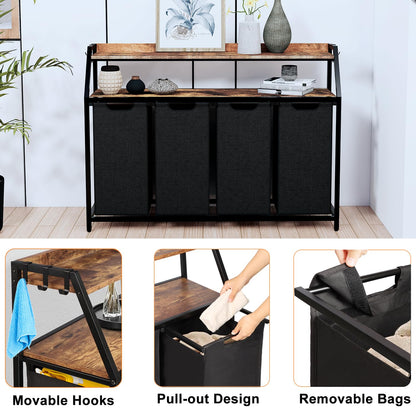 Timberer Laundry Hamper, Laundry Sorter with 4 Section, Rolling Basket with Wheels, 2 Shelves, 4 14.5 Gal, Pull-Out and Removable Oxford Fabric Bags for Laundry Room, Black and Rustic Brown