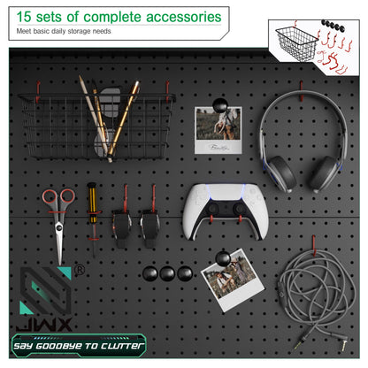 JWX DDB Gaming Standing Shelf Units, 30‘’ Free Standing Gaming Shelf Pegboard Cabinet with Home Office Metal Pegboard and 15 Pieces Organizer Tool Holders
