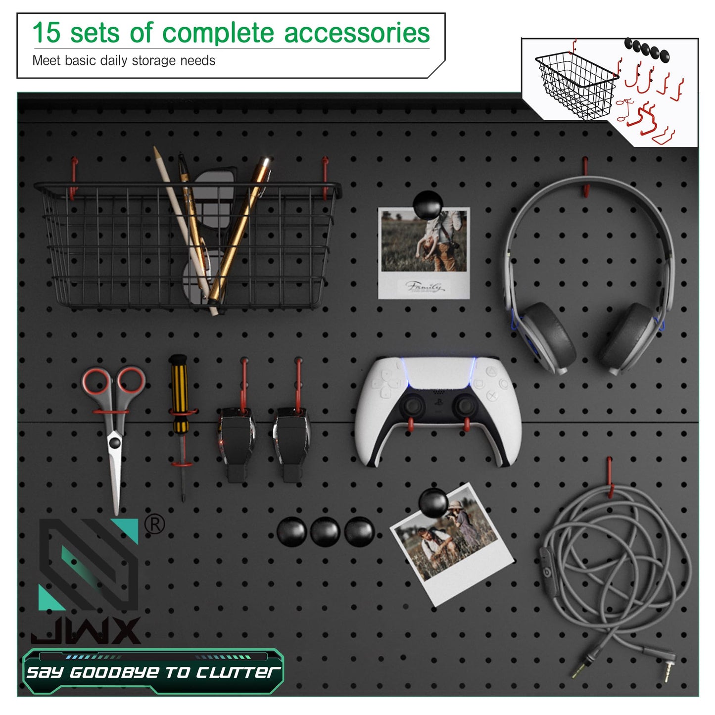 JWX DDB Gaming Pegboard Standing Shelf Units, Modular Pegboard and Shelf System with 15 Pieces Organizer Tool Holders