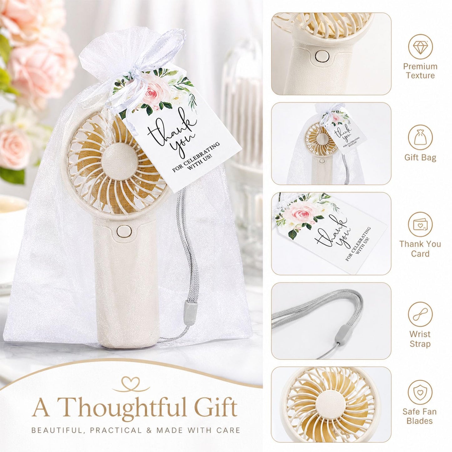 PROY 100 Pack Mini Fans Bulk, Portable Fan Bulk with Thank You Cards and Gift Bags, Wedding Favors Sets with Lanyard for Bridal Shower, Travel and Summer Beach Party