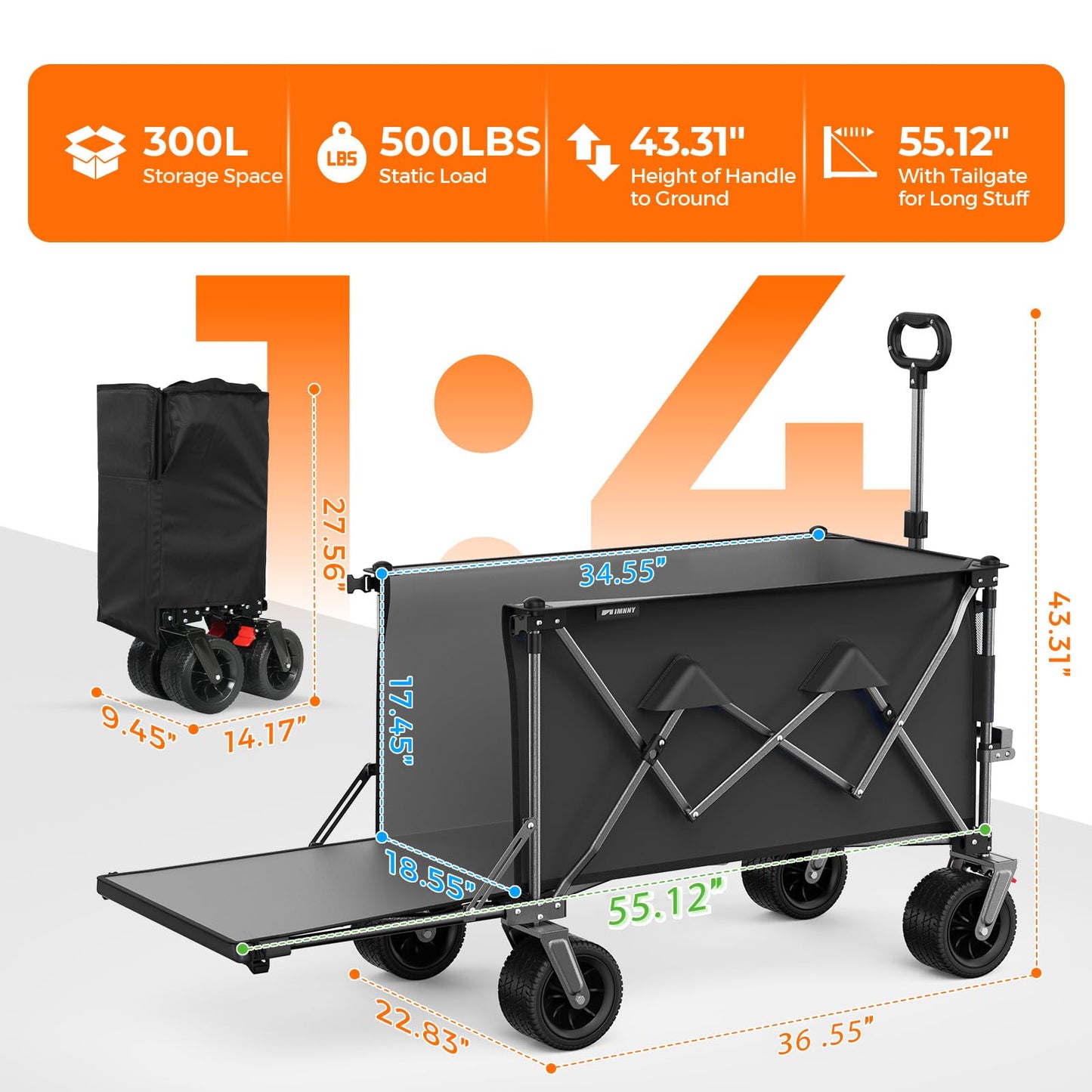 Aimnny 55" Collapsible Wagon with Tailgate & Brakes - 500LBS Heavy Duty Multi-Terrain Cart, 300L Foldable Utility Wagon with Cup Holders & Side Pockets for Beach Sand Camping Sports Shopping (Black)