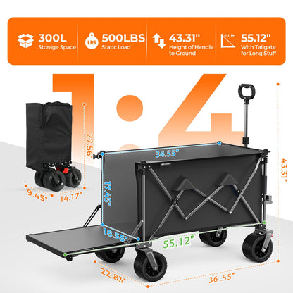 Aimnny 55" Collapsible Wagon with Tailgate & Brakes - 500LBS Heavy Duty Multi-Terrain Cart, 300L Foldable Utility Wagon with Cup Holders & Side Pockets for Beach Sand Camping Sports Shopping (Black)