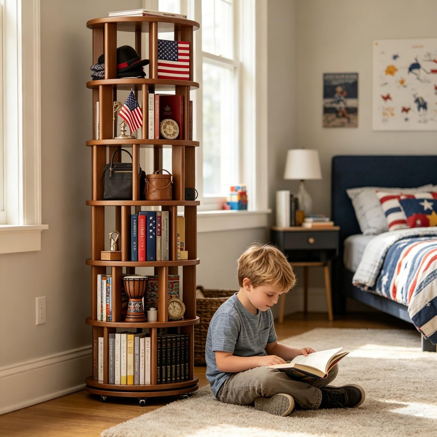 Muwuele 6 Tier Rotating Bookshelf Tower, Solid Wood Bookshelf on Wheels, Circular Book Shelf Rotating, Revolving Bookcase for Small Spaces, Corner Book Case, Spinning Book Shelf for Bedroom, Walnut
