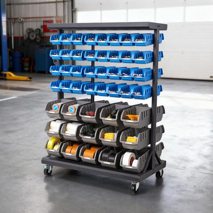 VEVOR 7-Tier Double-Sided Rolling Bin Storage Rack, 94 Plastic Bins, Dual-Sided Parts Organizer with Wheels, Mobile Tool Organizer for Garage, Warehouse, Office, Restaurant, Classroom, Kitchen