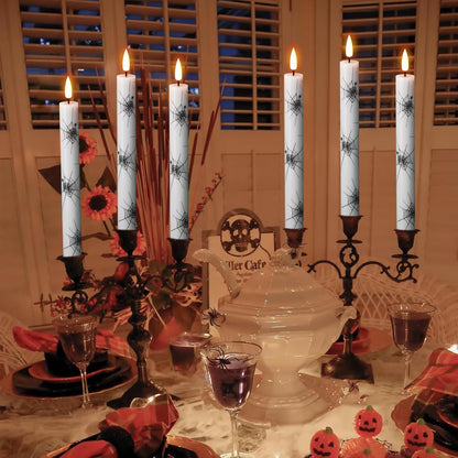 Wondise Halloween Flameless Taper Candles with Remote & Timer, 4 Pack Spider Web Halloween Candles Battery Operated Real Wax LED Flickering Candlestick for Halloween Table Decorations, 02020051