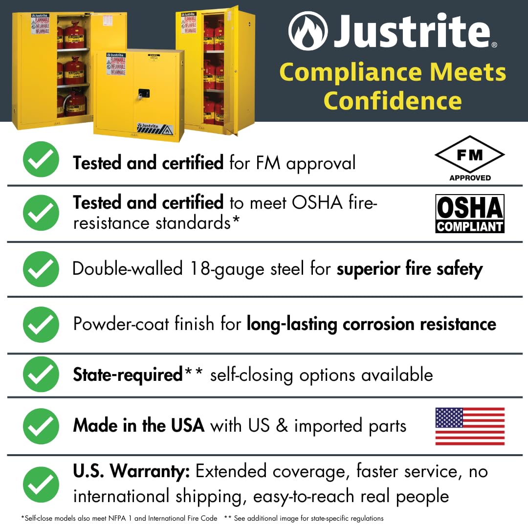 Justrite 12 Gallon Manual Close Piggyback Flammable Storage Cabinet, 18 Gauge Steel, 2 Door Fire Cabinet, 18" x 43" x 18", Made in The USA, Yellow, 891300