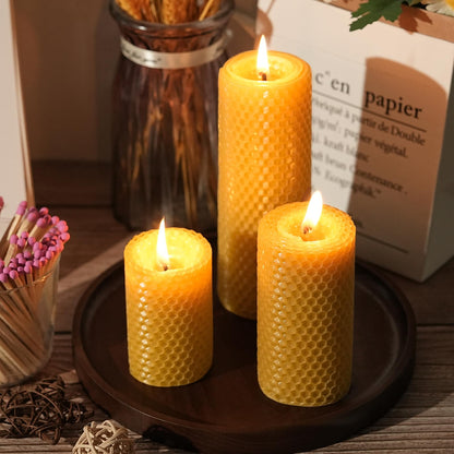 Pure Beeswax Pillar Candles,3 Pack Hand-Rolled Natural Beeswax Candles(1.77x3in,2x4in,2x6in) 60 Hours Burning Unscented Bees Wax Candle for Home,Smokeless&Dripless Pillar Candle for Meditation,Wedding