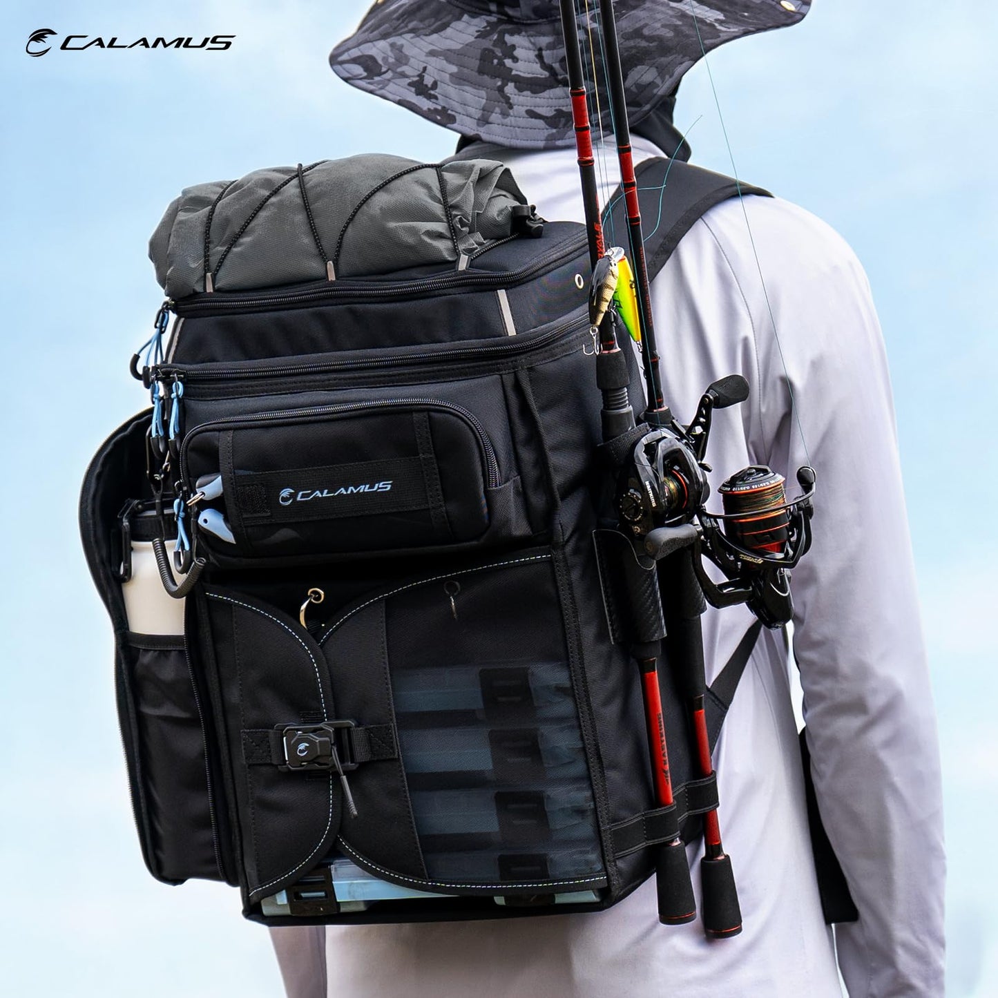 Calamus GearMaster Tackle Backpack with Bait Binder, Large Lightweight Water-Resistant Fishing Bag, Rod Holders, Food Storage