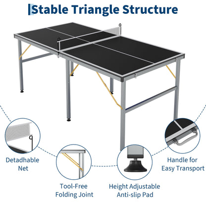 6x3ft Mid-Size Professional Portable Folding Ping Pong Table - Indoor/Outdoor Table Tennis Game Set with Net, 2 Paddles & 4 Balls for Adults and Teens- Quick Assembly
