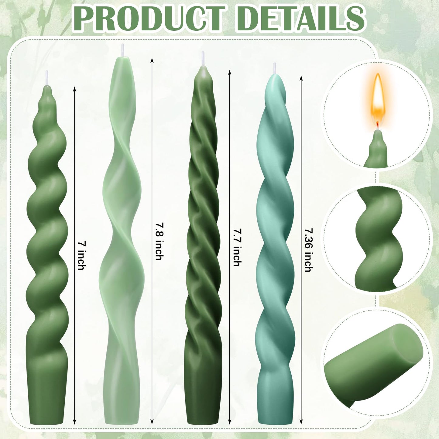 Nuanchu 12 Pcs Sage Green Spiral Taper Candles Teal Twisted Wax Candlesticks 7.5 Inch Short Green Spiral Wax Scented Taper Candles for Wedding Bridal Shower Birthday Party Dinner Table Centerpiece