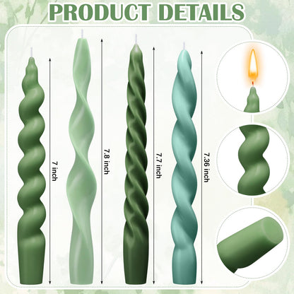 Nuanchu 12 Pcs Sage Green Spiral Taper Candles Teal Twisted Wax Candlesticks 7.5 Inch Short Green Spiral Wax Scented Taper Candles for Wedding Bridal Shower Birthday Party Dinner Table Centerpiece