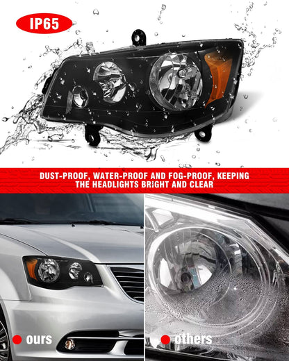 ADCARLIGHTS 2011 2012 2013 2014 2015 2016 2017 2018 Dodge Grand Caravan Headlight Assembly Black Housing for 2008-2016 Chrysler Town & Country with Amber Reflector Headlamp Replacement Pair