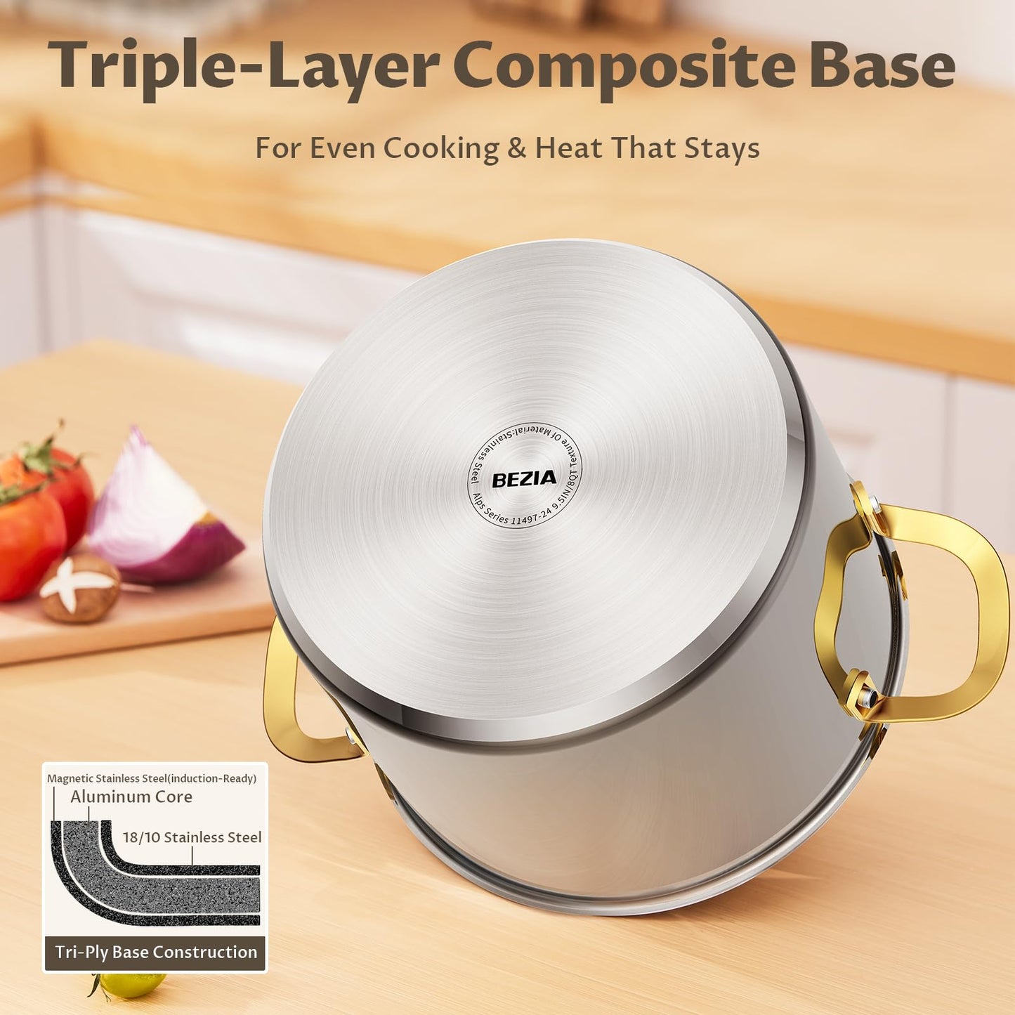 BEZIA 6 Quart Stainless Steel Stock Pot, 0-Coating Healthy Soup Pot for Small Families, Tri-ply Even Heat for Daily Cooking & Side Dishes, Compatible with All Stovetops