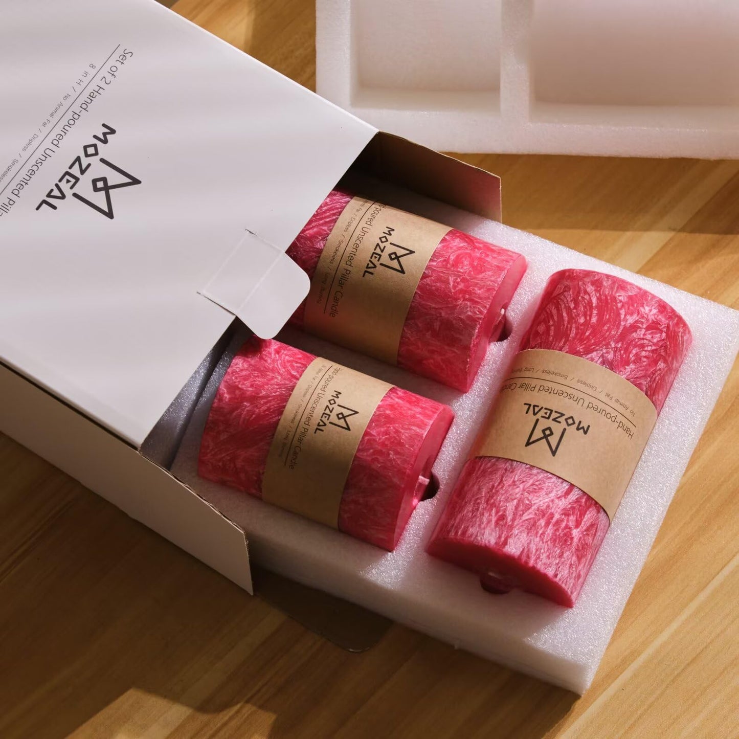 MOZEAL Hand-Poured, Unscented Red Crystal Pillar Decorative Candles, Elegant Set of 3 in Different Sizes (3"x4", 3"x5", 3"x6"), Luxurious Décor for Christmas Homes & Events