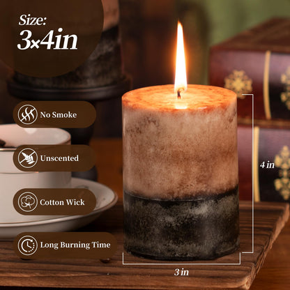 KONNI Coffee Layered Pillar Candles Set of 3, 3"x 4" Unscented Pillar Candles Bulk, 39 Hours Long Burning Candles, Smokeless&Dripless Round Candle for Wedding, Home Decoration, Parties, Spas, Dinner
